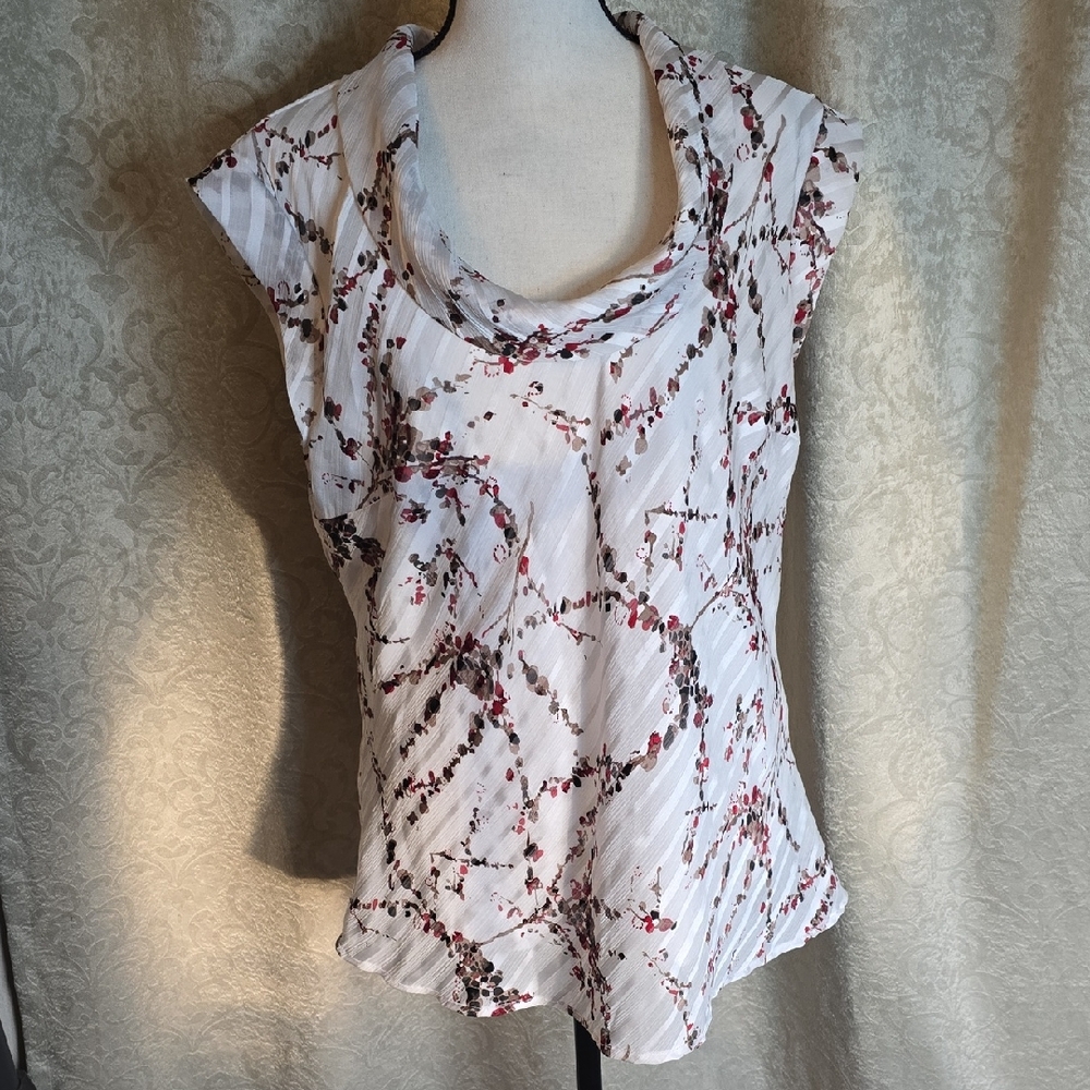 dressbarn White and Red Floral Cowl Neck Blouse